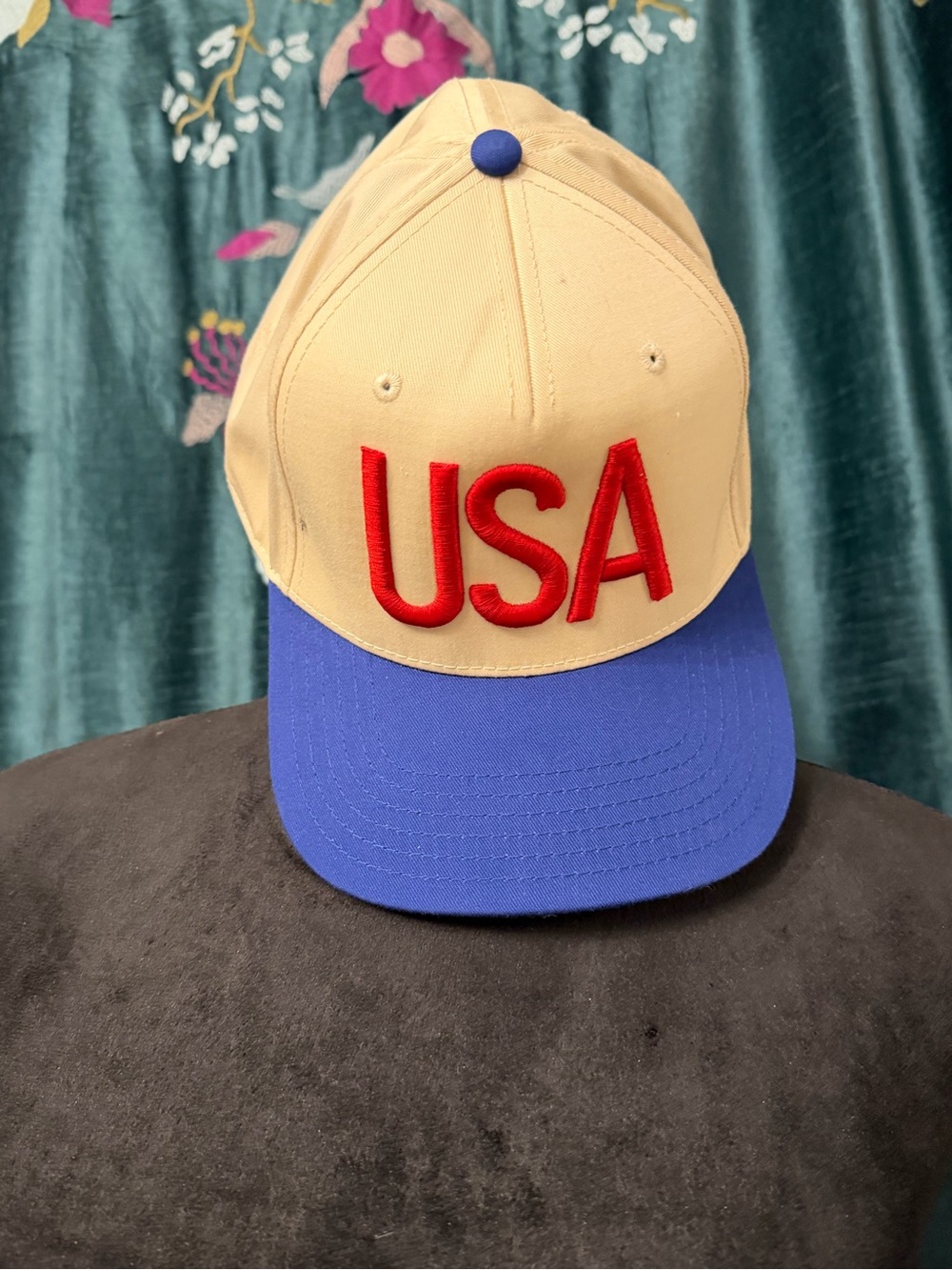 USA Embroidered Kids Baseball Cap - Blue Brim, Cream Crown